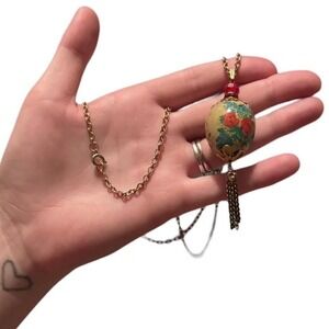 hand painted quail egg pendant necklace with gold-tone chain necklace, whimsy